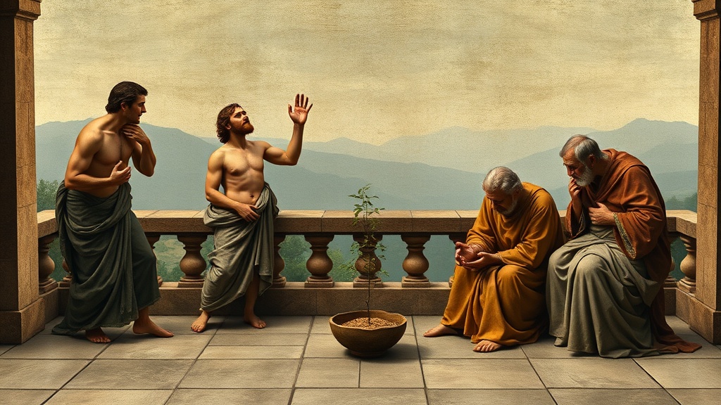 Allegorical scene of restraint and care