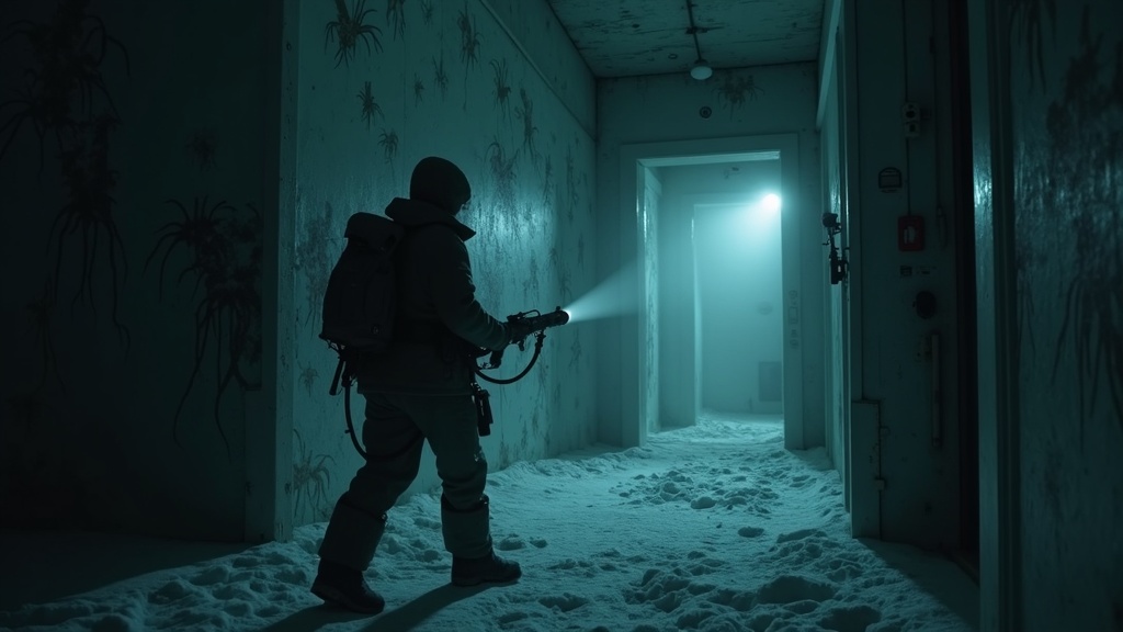 Protagonista de Dread Meridian empuñando un arma modificada frente a una instalación abandonada.