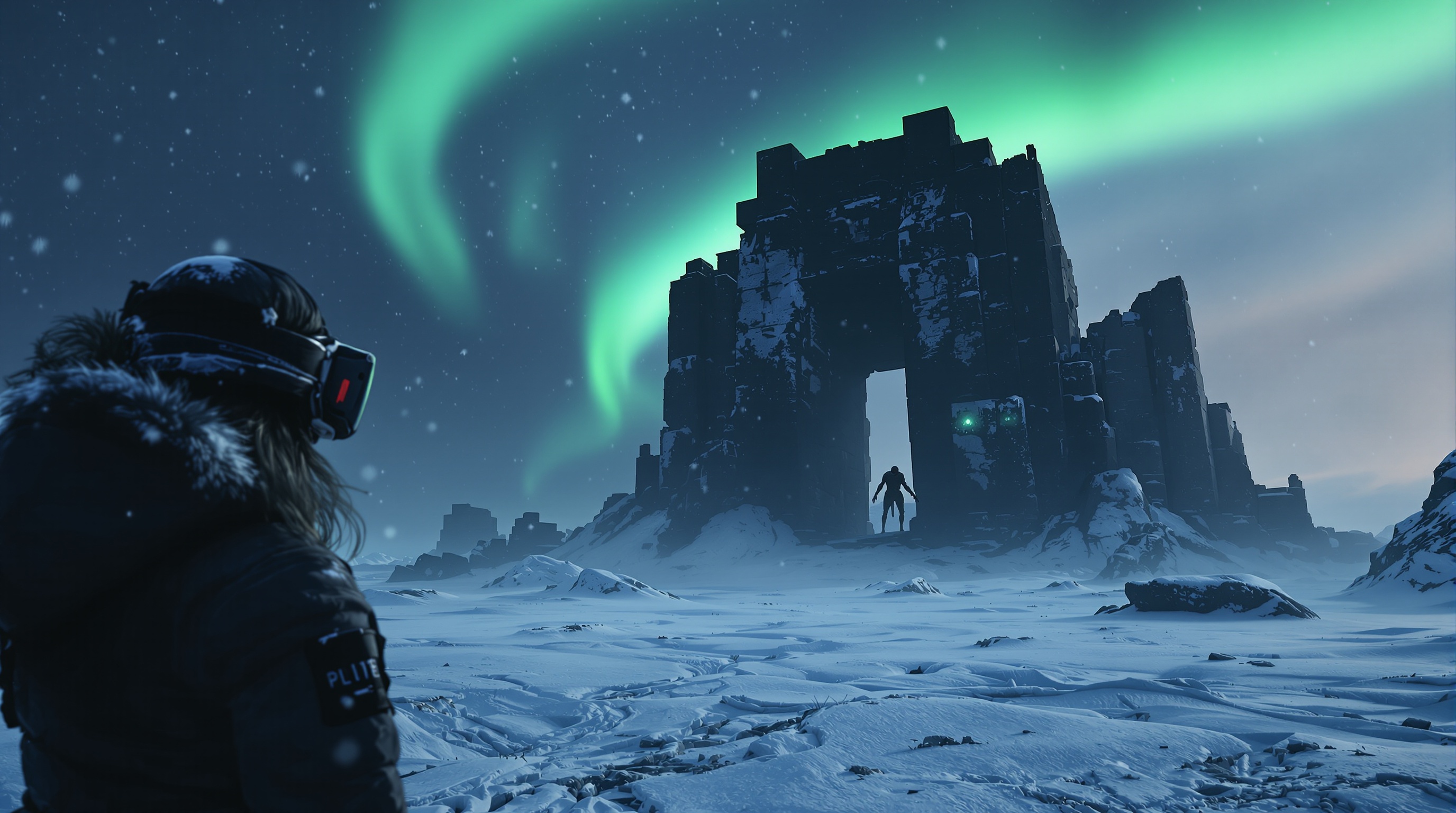 Escena oscura del survival horror VR Dread Meridian en el entorno helado de Oglanbyen.