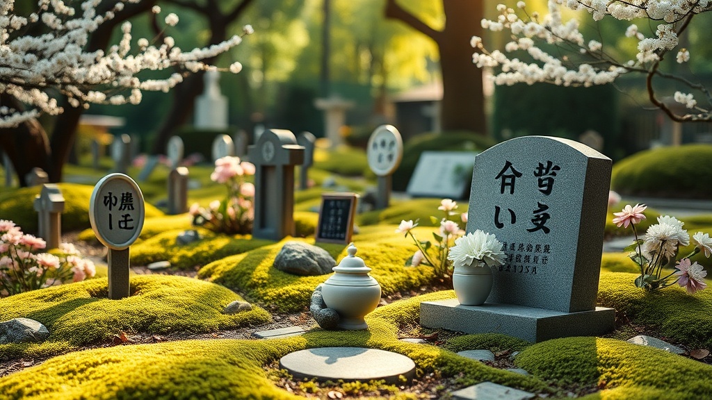ペット火葬後の供養として利用される日本庭園風の墓地に並ぶ小さな墓石と骨壷、花々に囲まれた平和な風景
