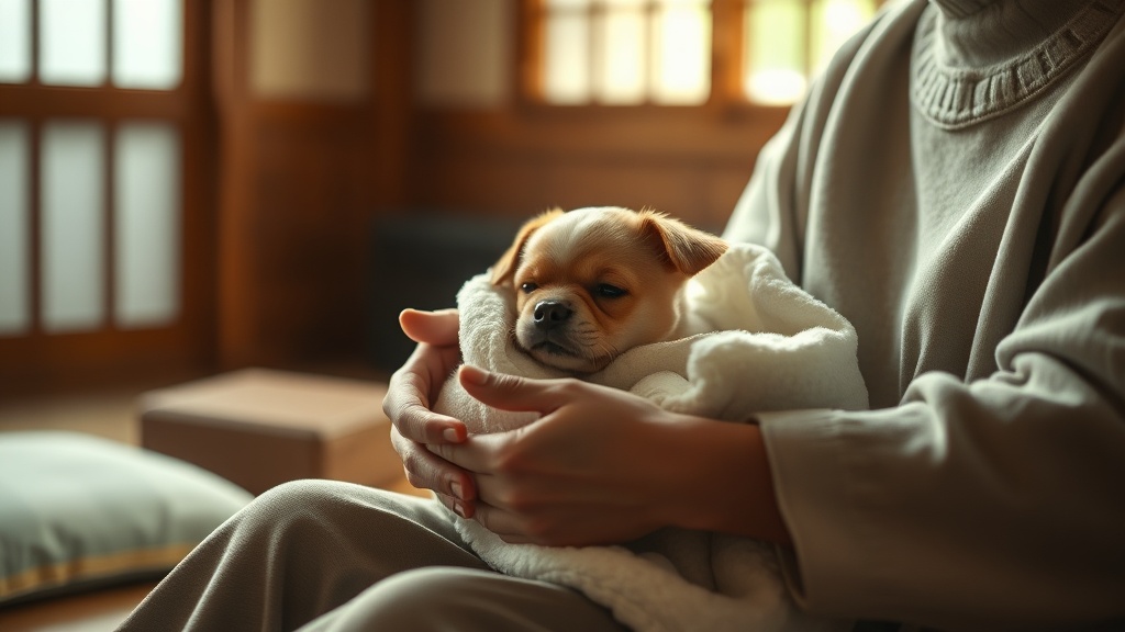 白いタオルに包まれた小さな犬を優しく抱く人の手、温かい室内で穏やかな光に包まれた愛情深いシーン