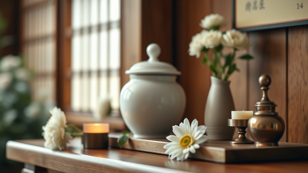岩倉市のペット火葬で使用される白い骨壷と白菊の花が置かれた木製祭壇の温かい雰囲気の写真