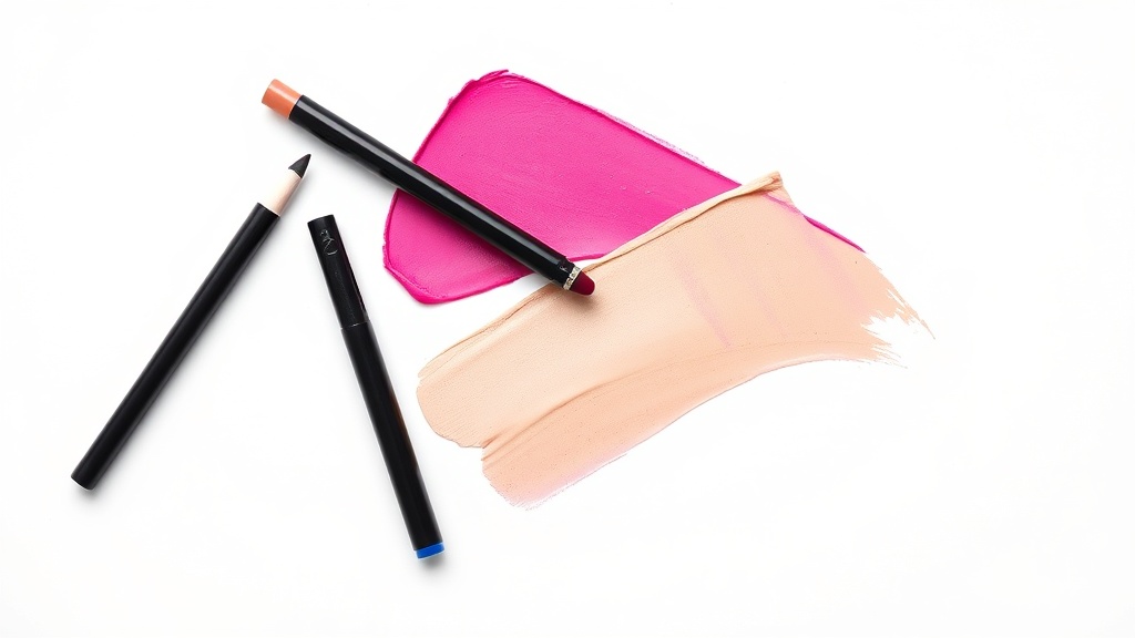 Kulfi-inspired colorful makeup flatlay with kajal pencils and concealer swatches