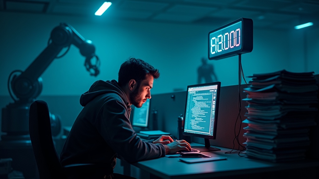 Desarrollador frustrado revisando código generado por la IA Kiro de Amazon en su monitor
