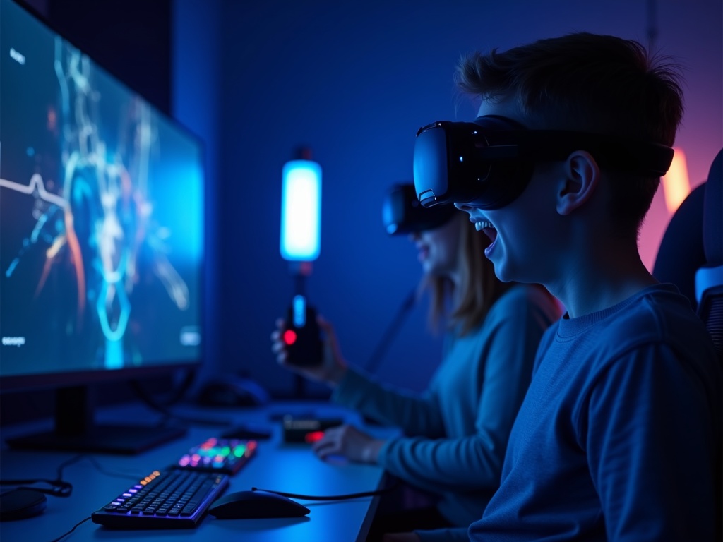 Usuario inmerso en realidad virtual con el Syntech Cable Link conectado