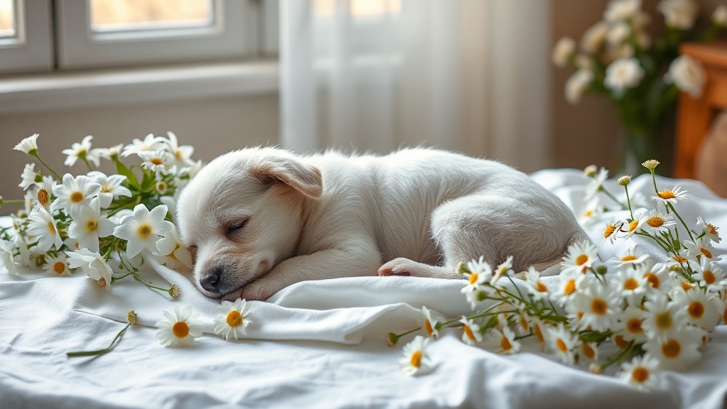 白い布の上で眠る子犬と白い花に囲まれた穏やかなペット追悼のイメージ