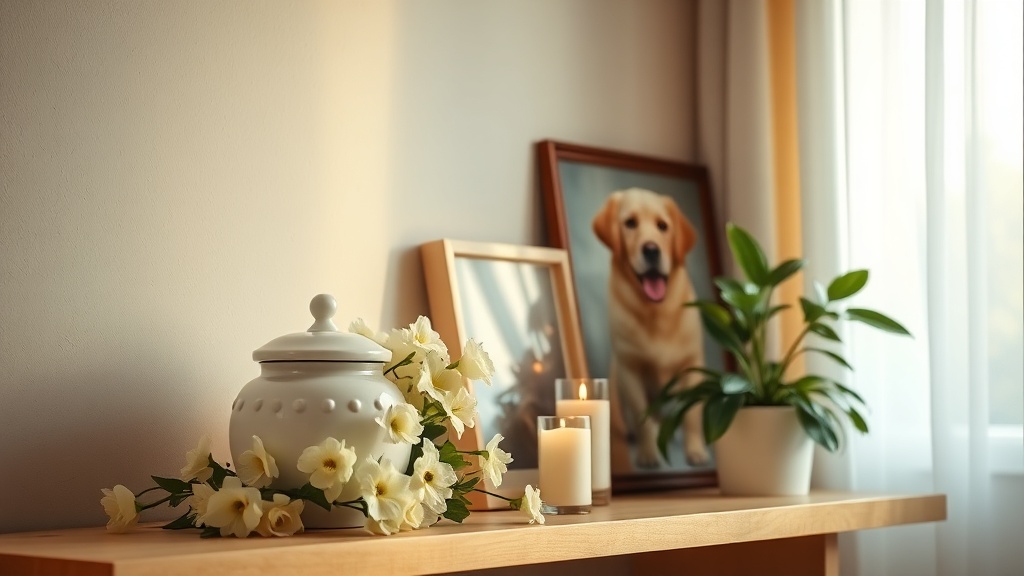ペットの遺骨を納めた白い陶器の骨壷と写真立て、キャンドル、花が置かれた自宅の追悼スペース