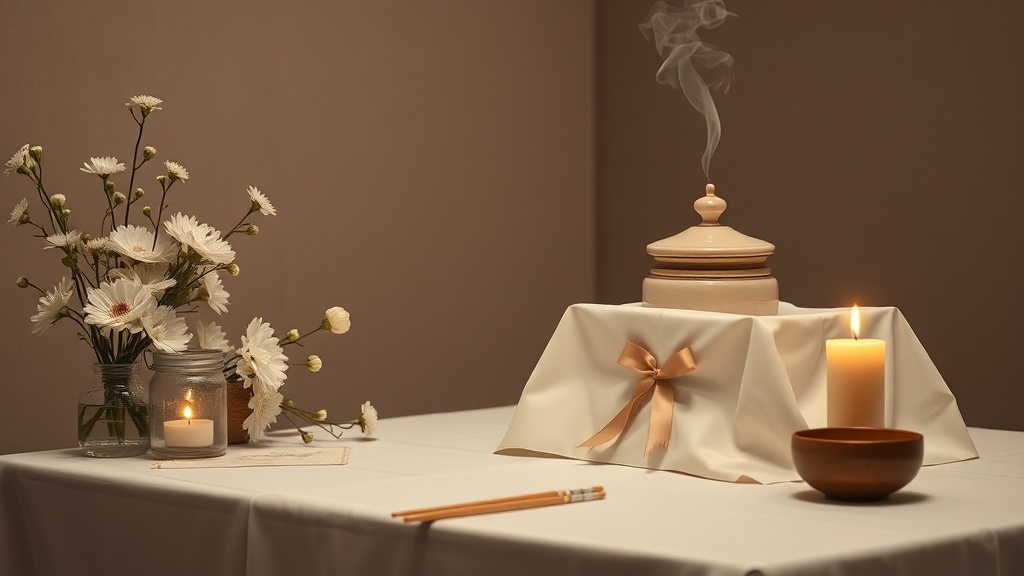 ペット火葬後の供養セレモニーの様子。白い花、お香、骨壷、キャンドルが配置された祭壇