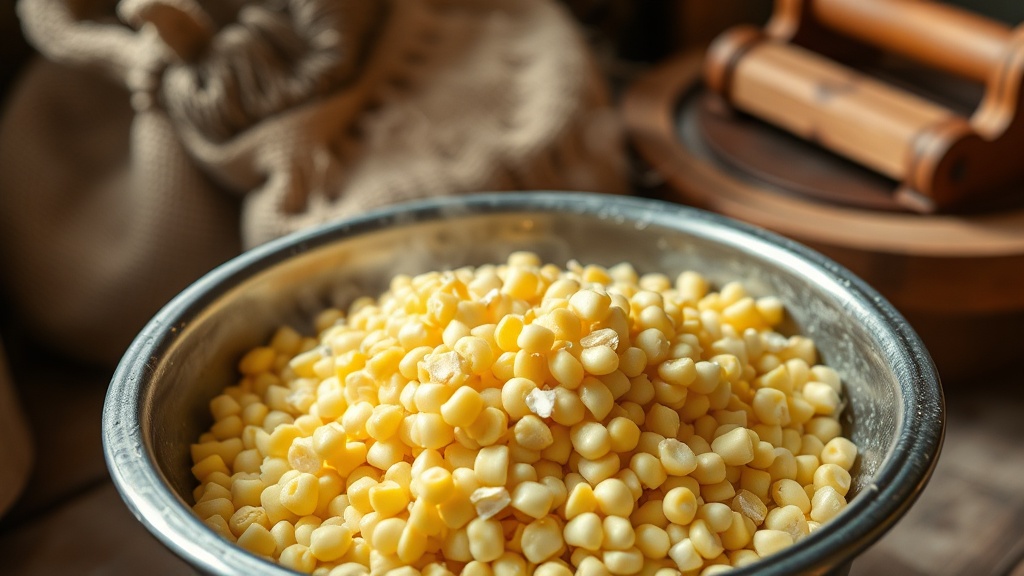 Freshly nixtamalized corn in a colander beside a tortilla press