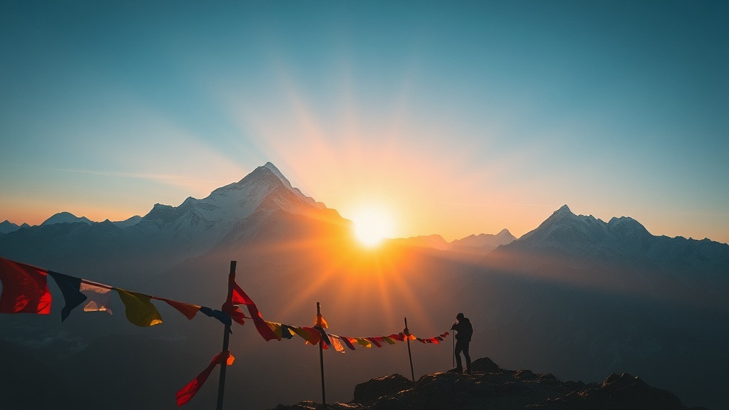 Sunrise view of Mount Everest from Kala Patthar with prayer flags and snow-covered Himalayan peaks