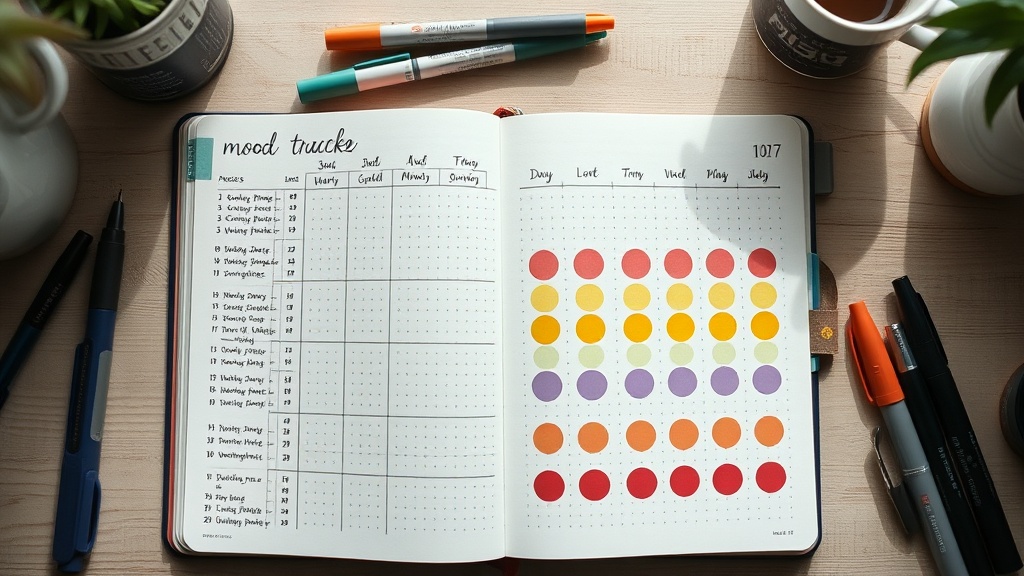 Colorful monthly mood tracker spread in a bullet journal