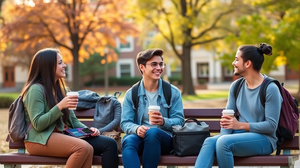 College students chatting casually on a campus quad bench
