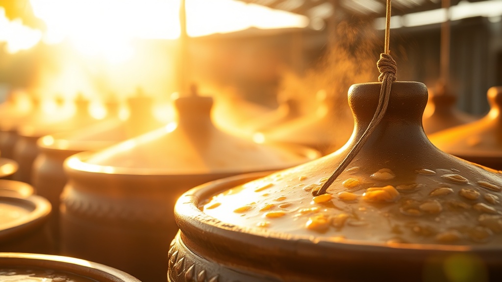 Traditional clay fermentation pots for fish sauce in bright tropical sunlight, Phu Quoc Vietnam