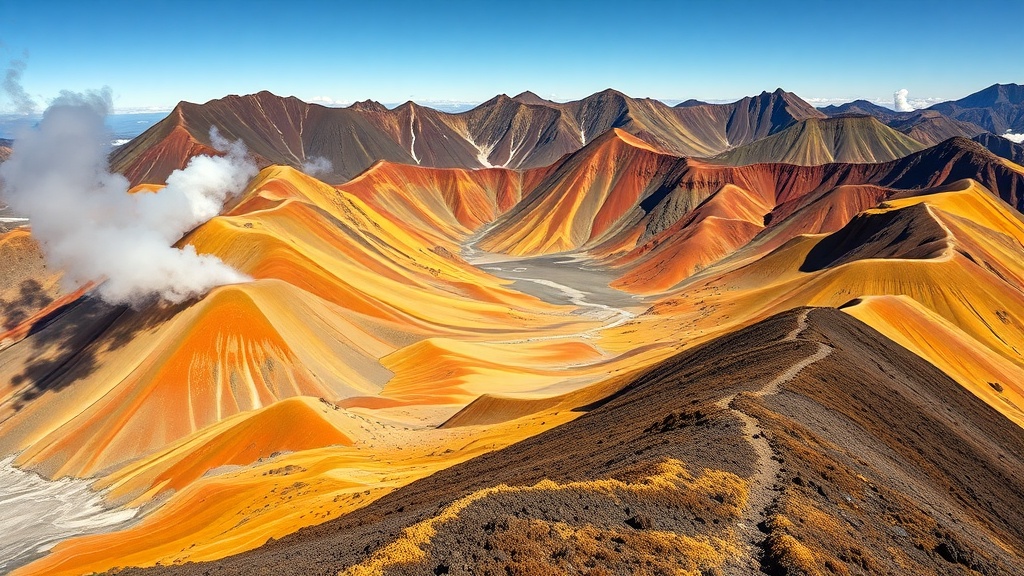 Colorful rhyolite mountains along Iceland's Laugavegur Trail with steam rising from geothermal vents in the volcanic highlands