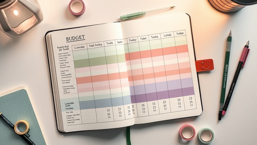 Colorful bullet journal budget tracking spread with washi tape accents