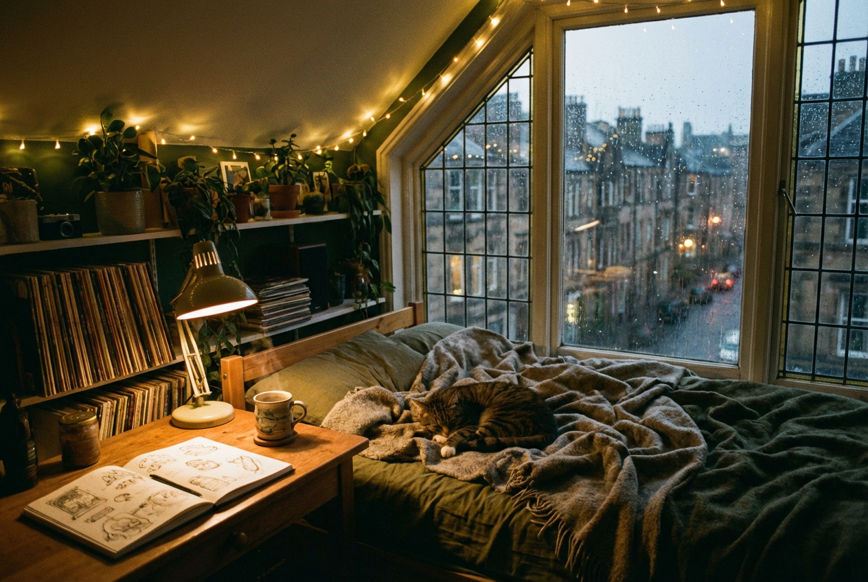 A cozy anime-style bedroom at night with fairy lights, vinyl records on shelves, houseplants, a sleeping cat on the bed, rain visible through a large window, and a warm desk lamp casting amber light across scattered sketchbooks