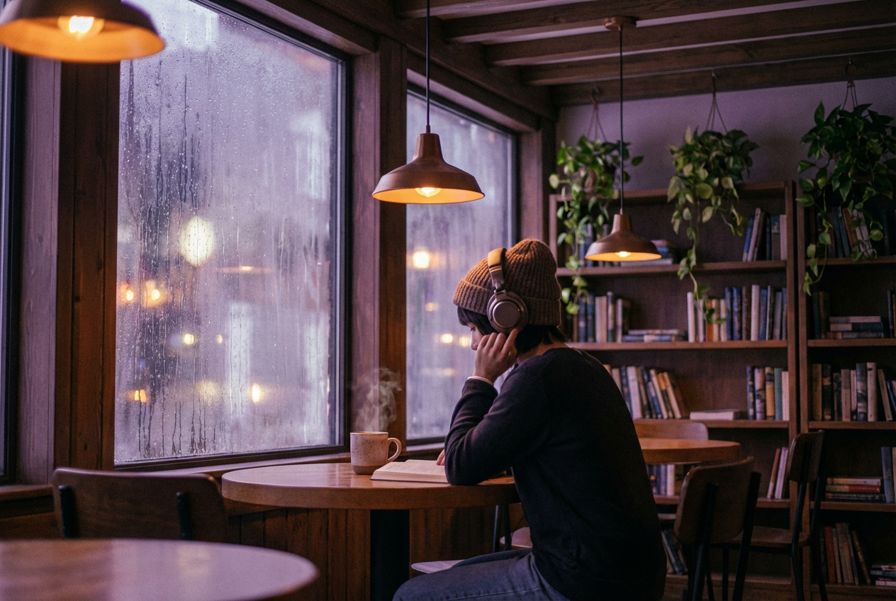 An anime-style café interior at night with warm lighting, a person sitting alone by the window with headphones on, steaming coffee, bookshelves, hanging plants, rain outside, muted purple and amber color palette