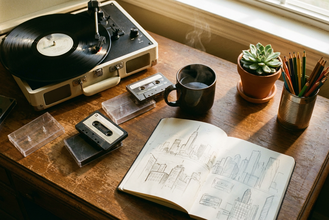 An overhead view of a cluttered wooden desk with a vinyl record player, scattered cassette tapes, a steaming mug, open sketchbook with pencil drawings, a small succulent plant, warm golden light, muted vintage tones