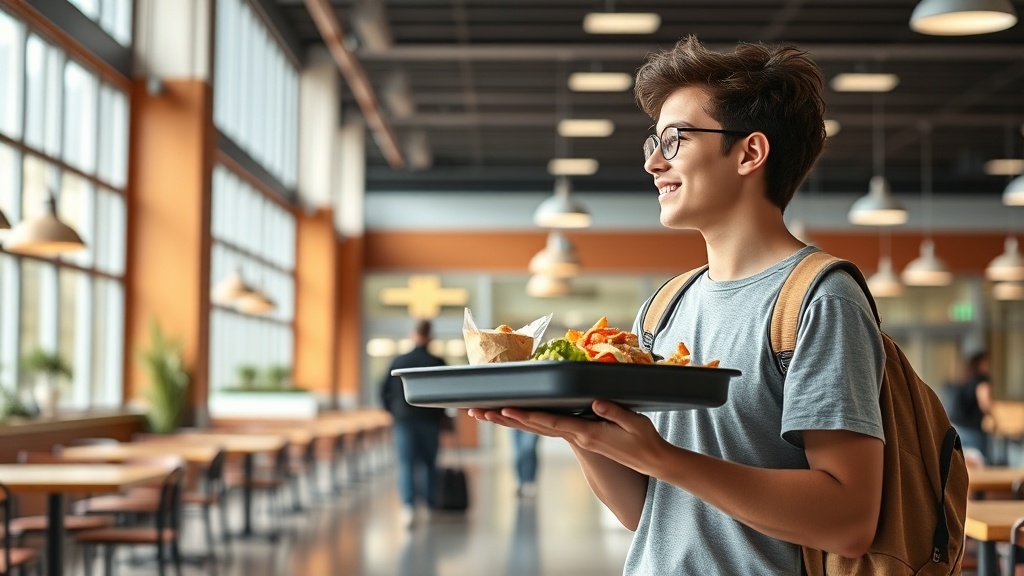 Student carrying a tray through a college dining hall