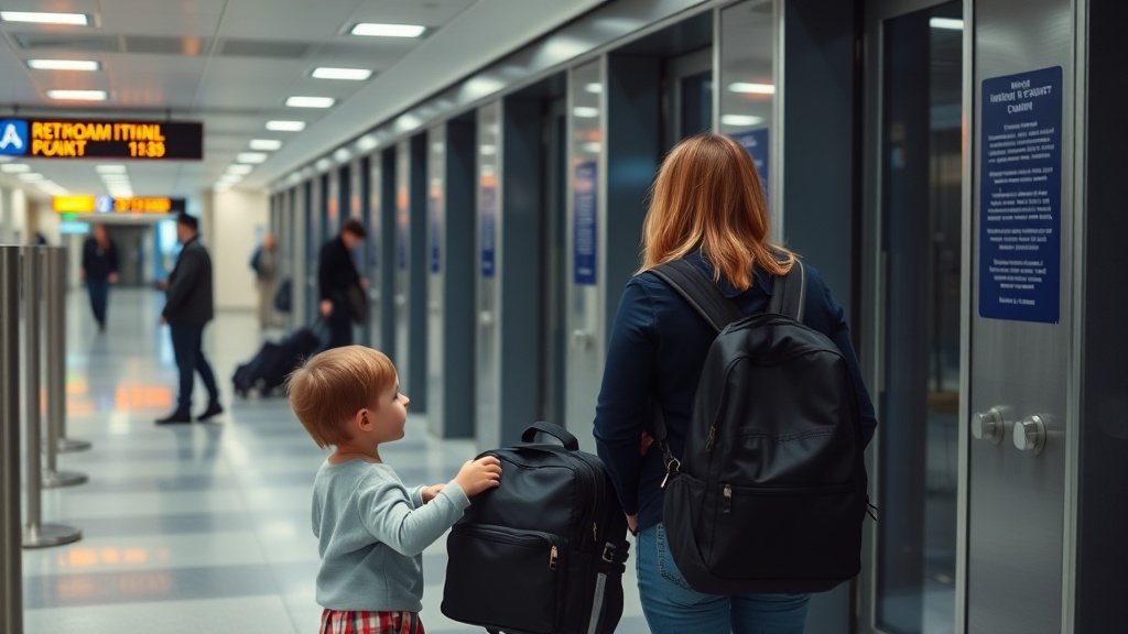 Family using airport bins at security checkpoint, practical labels and snack pouch with kids helping the process while parent watches calmly