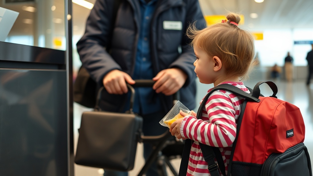 Parent and two kids waiting in airport security line with stroller and snack bag, candid practical travel planning with family-focused organization and realistic lighting -- airport security with kids
