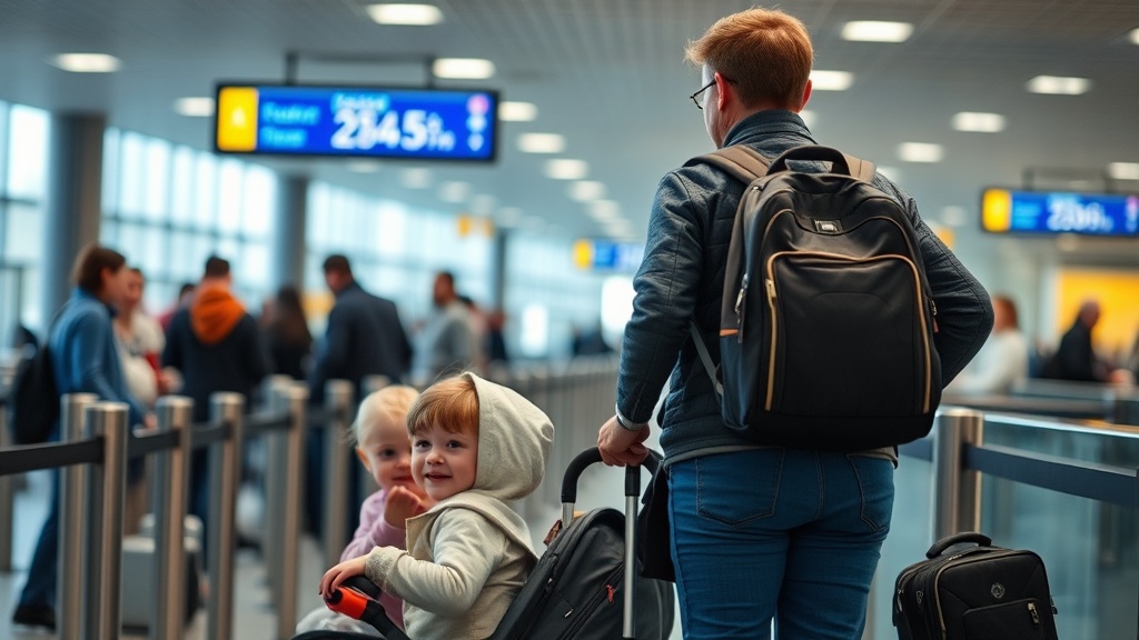 Mom and two children sorting security bags before entering airport screening lane, practical family logistics with clear roles and minimal chaos