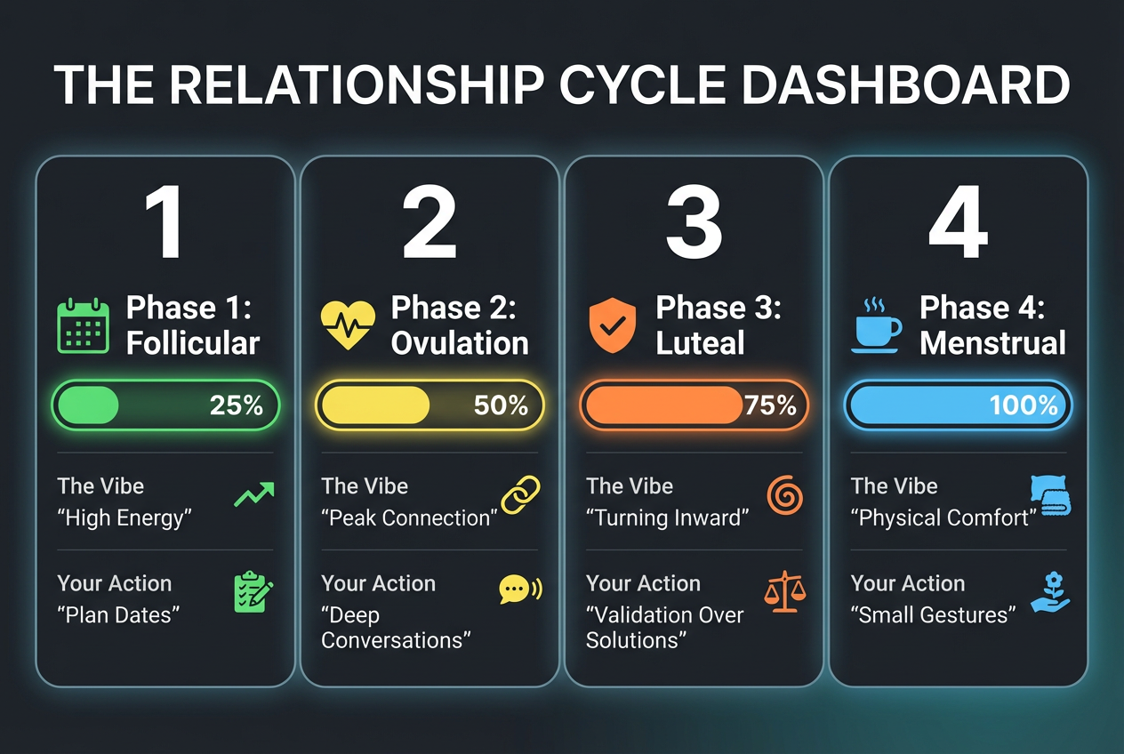 A horizontal dashboard showing the four phases of a partner's cycle with specific vibe descriptions and actionable relationship advice for men.