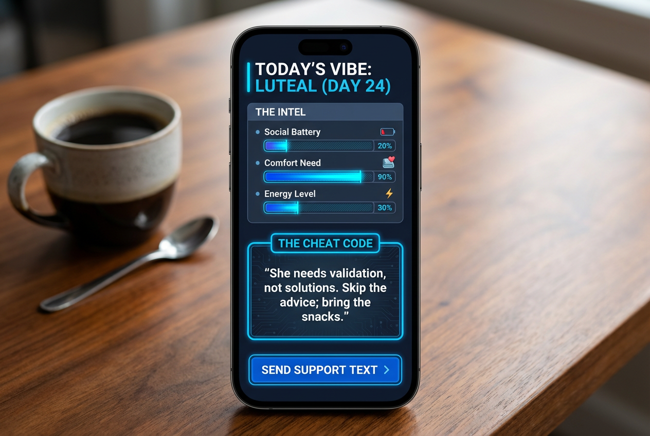 A smartphone interface displaying a tactical relationship briefing with a 'cheat code' for supporting a partner in the luteal phase.