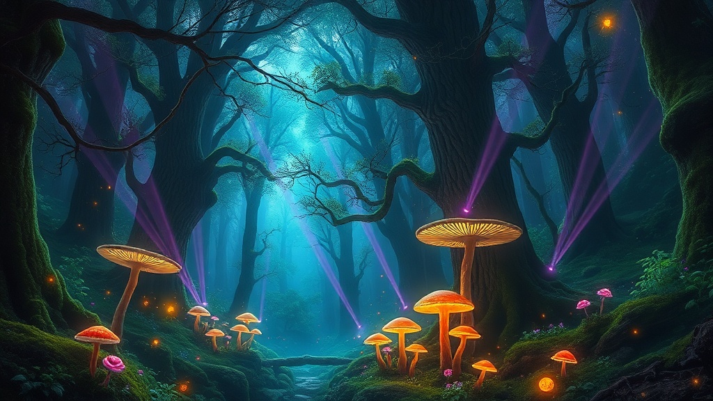 Enchanted Fantasy Forest Wallpaper with Bioluminescent Mushrooms