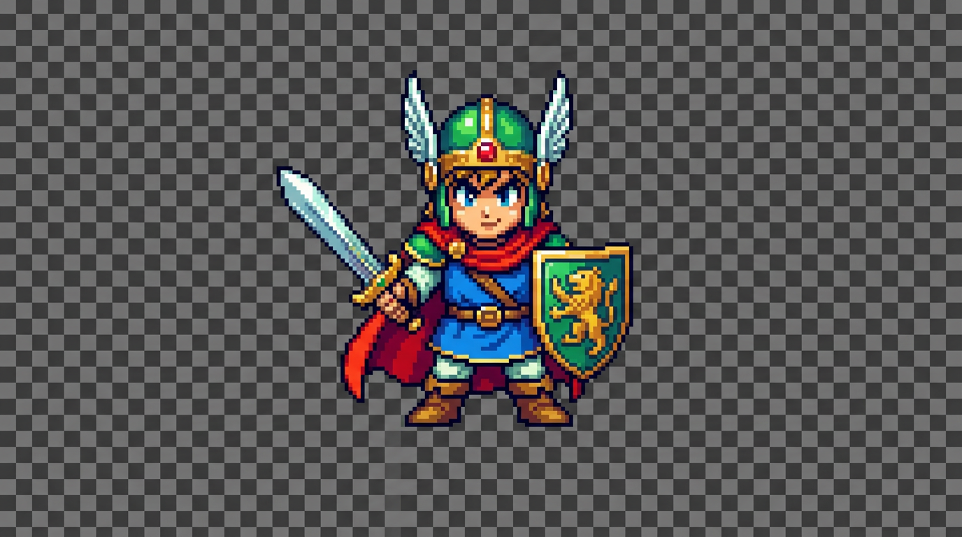 Cute pixel art character, 16-bit retro game style hero with sword and shield, vibrant colors, classic RPG aesthetic
