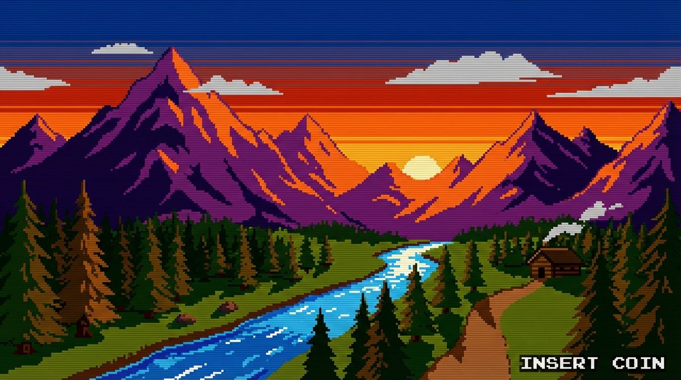 Pixel art landscape scene, 8-bit sunset over mountains with flowing river and pine trees, nostalgic NES color palette
