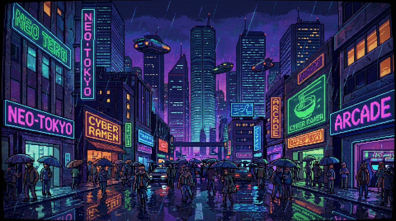 Pixel art city skyline at night, neon-lit cyberpunk cityscape in 16-bit style, atmospheric retro art