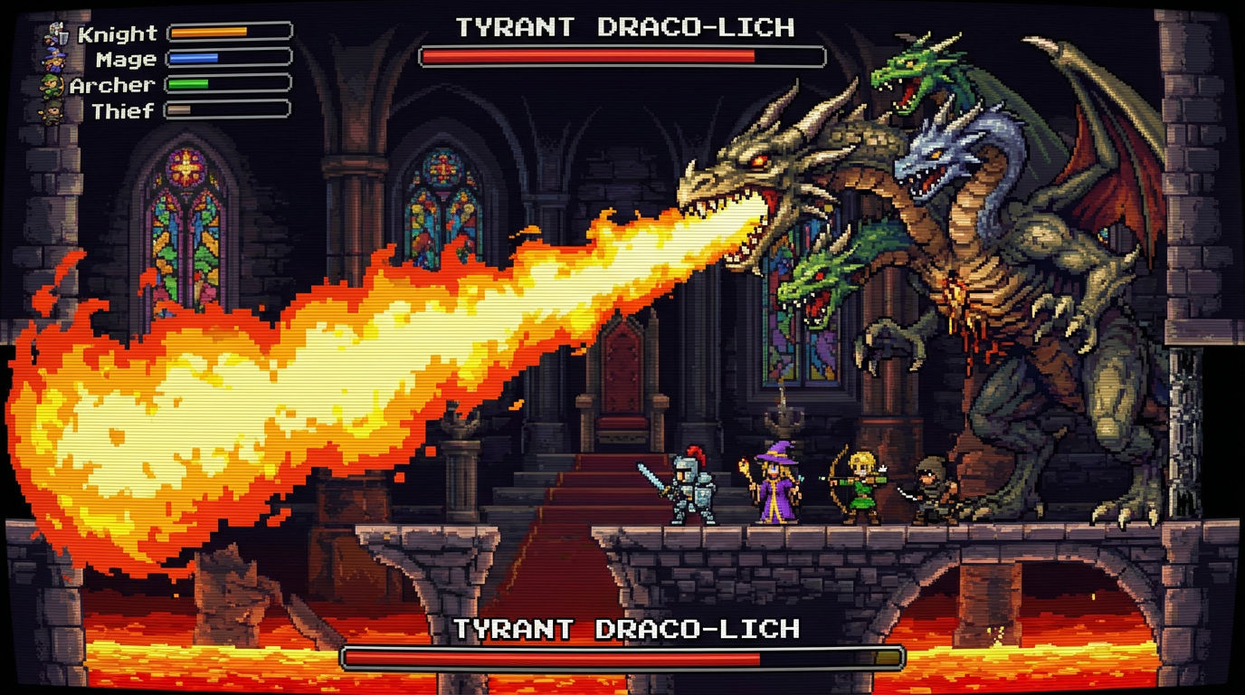 Pixel art dragon boss battle scene, epic 16-bit SNES-style dragon breathing fire in a dark castle
