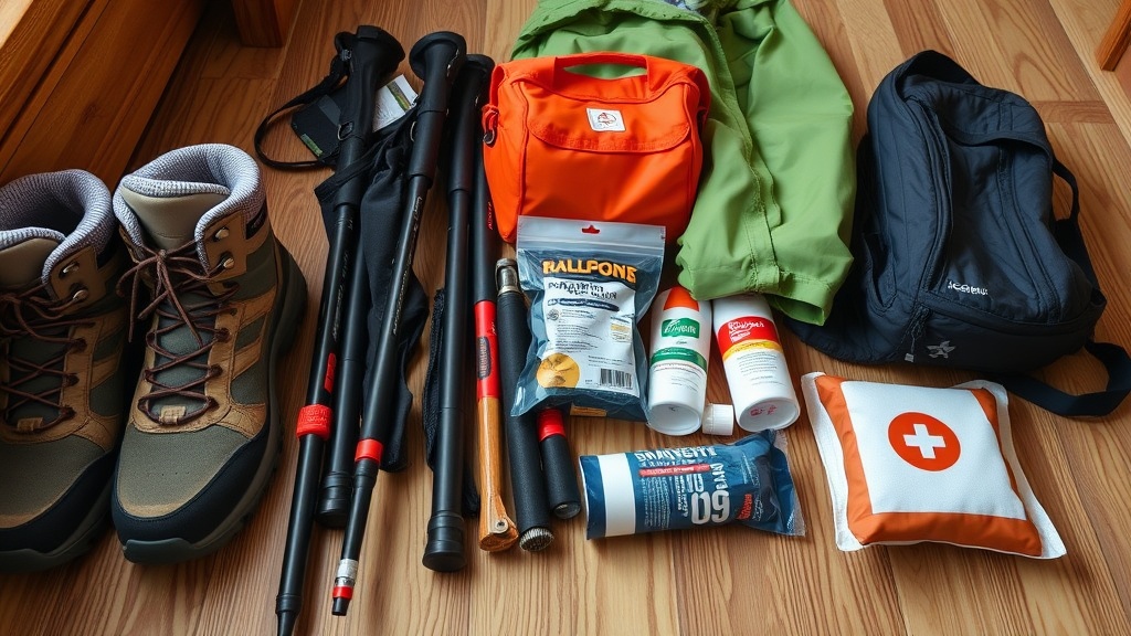 Packed hiking boots, poles, rain shell, and first-aid kit arranged for a realistic 10-day adventure check-in checklist