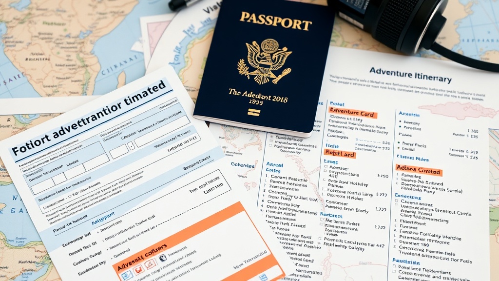 Mountain traveler with passport, travel documents, vaccine card, and trip schedule laid out for medical and visa checks