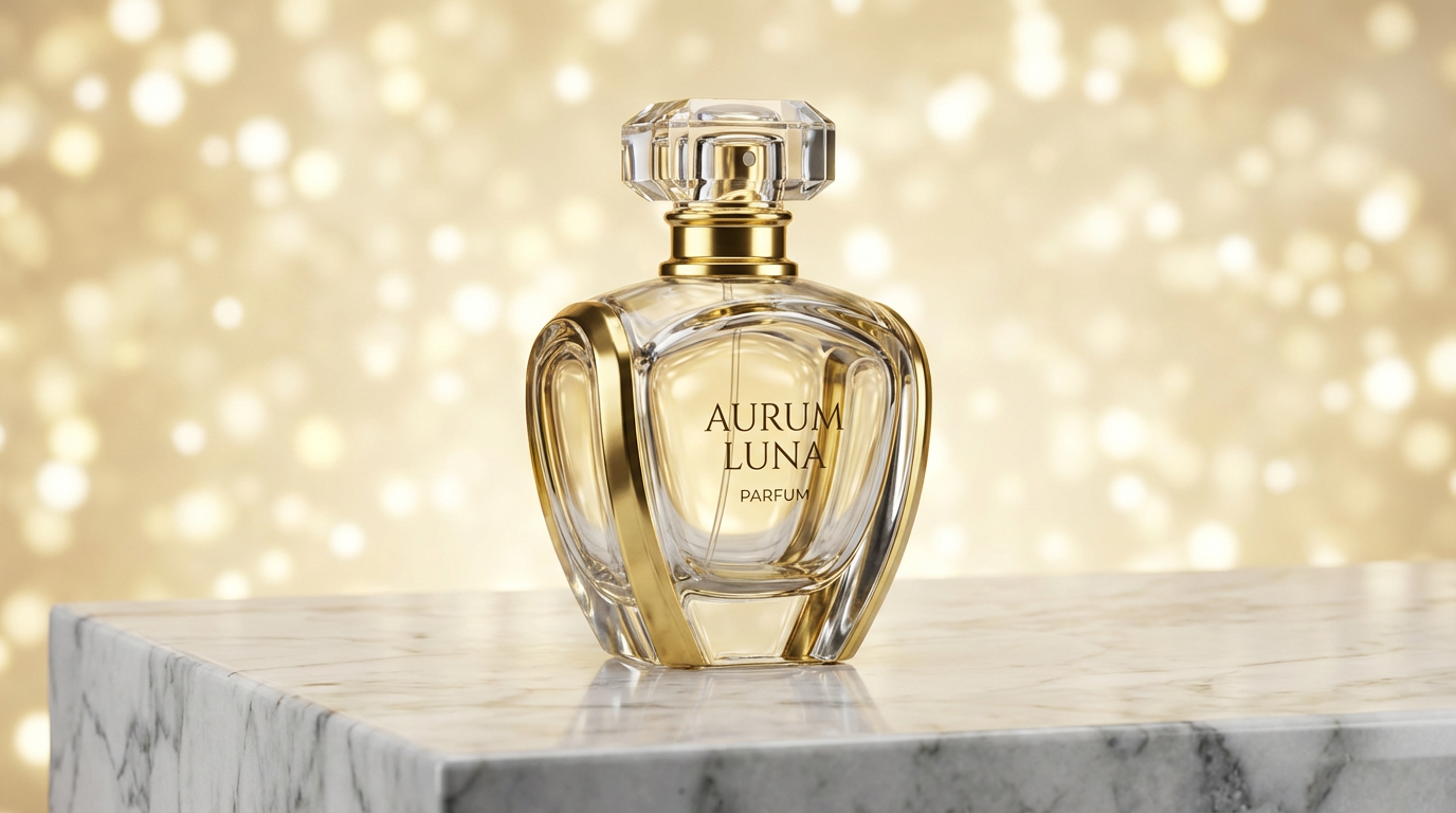 3D rendered luxury product mockup, elegant perfume bottle on marble surface with soft golden bokeh background