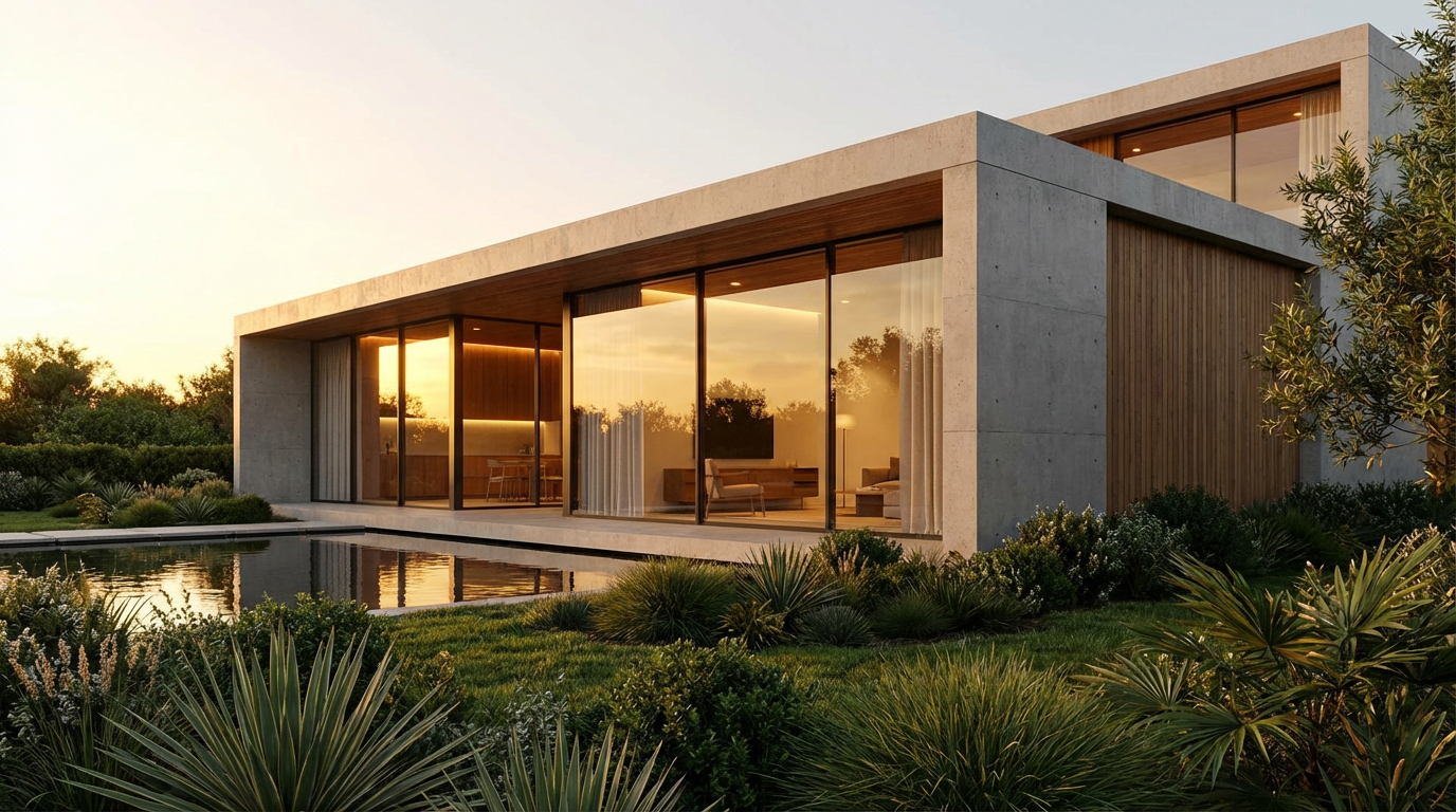 Stunning 3D architectural visualization of a modern minimalist house with floor-to-ceiling windows, golden hour lighting