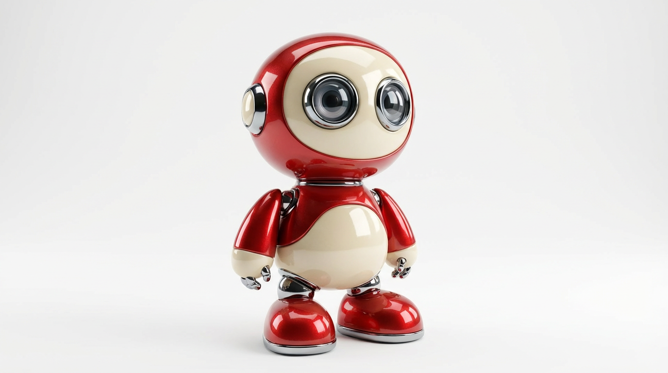 Photorealistic 3D render of a cute stylized robot character with glossy materials, Pixar-quality rendering