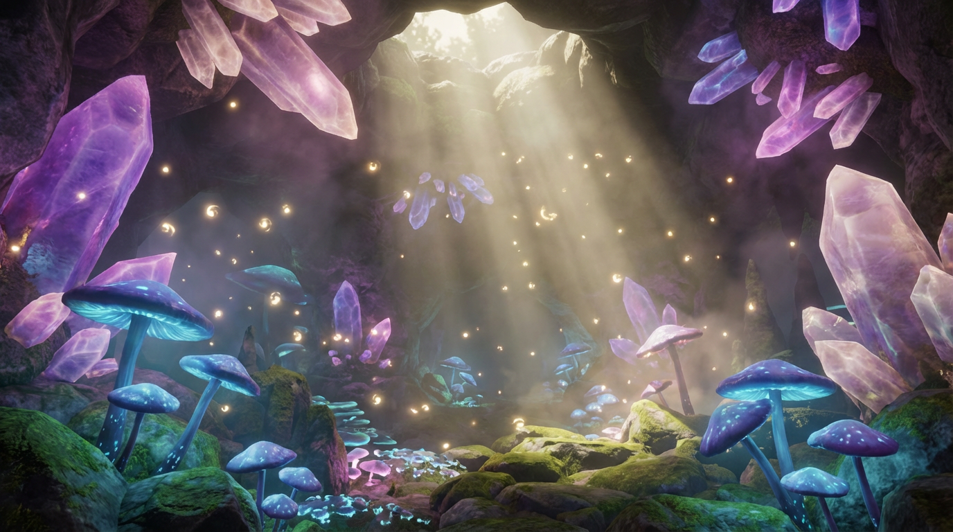 3D rendered fantasy crystal cave environment with bioluminescent mushrooms and floating magical particles