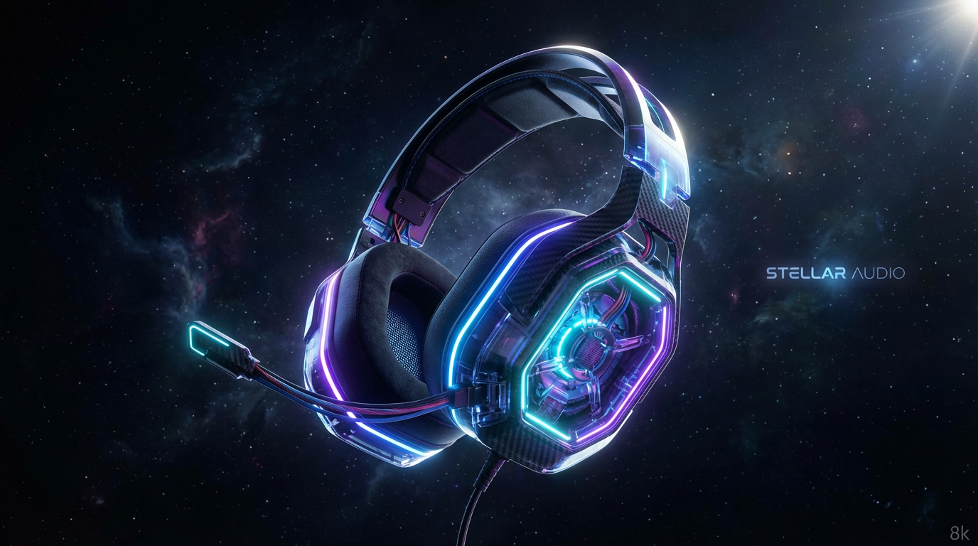 Photorealistic 3D render of futuristic gaming headset floating in space with neon glow effects, dramatic rim lighting