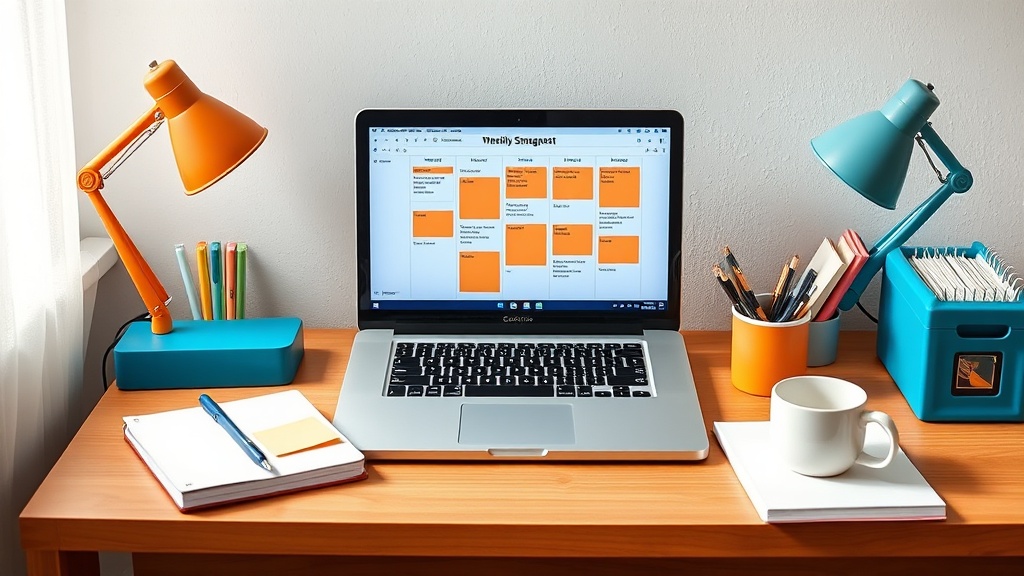 Student desk with laptop and study plan