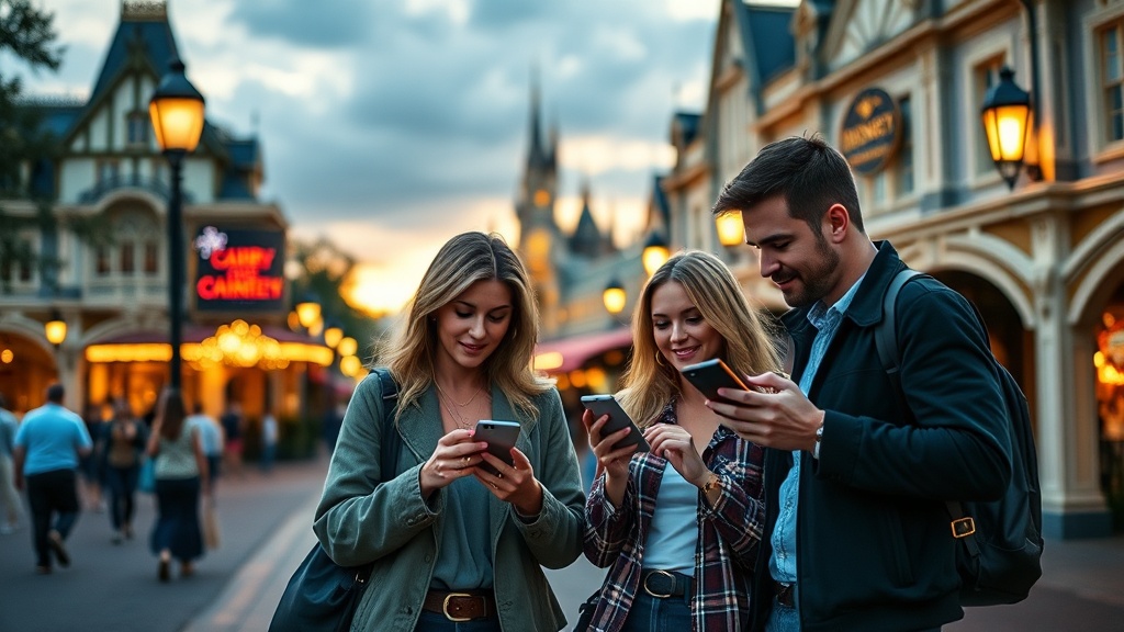 Adult Disney friend group coordinating a park plan on their phones near Main Street station at golden hour