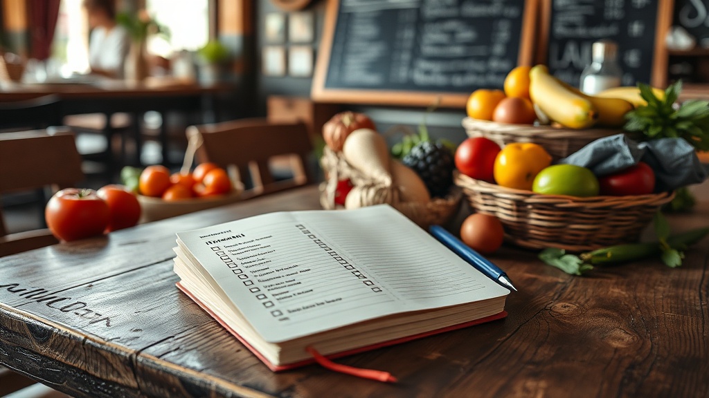 Restaurant audit checklist on a rustic table with local produce