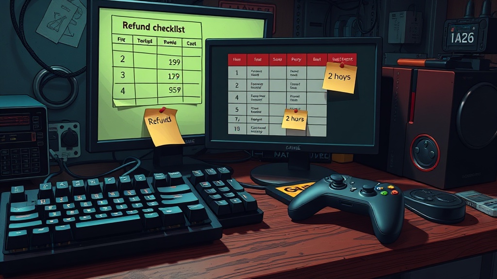 A workbench-style gaming refund checklist with storefront logos and a countdown timer