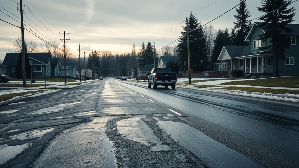Spring thaw pothole conditions on a Sudbury road