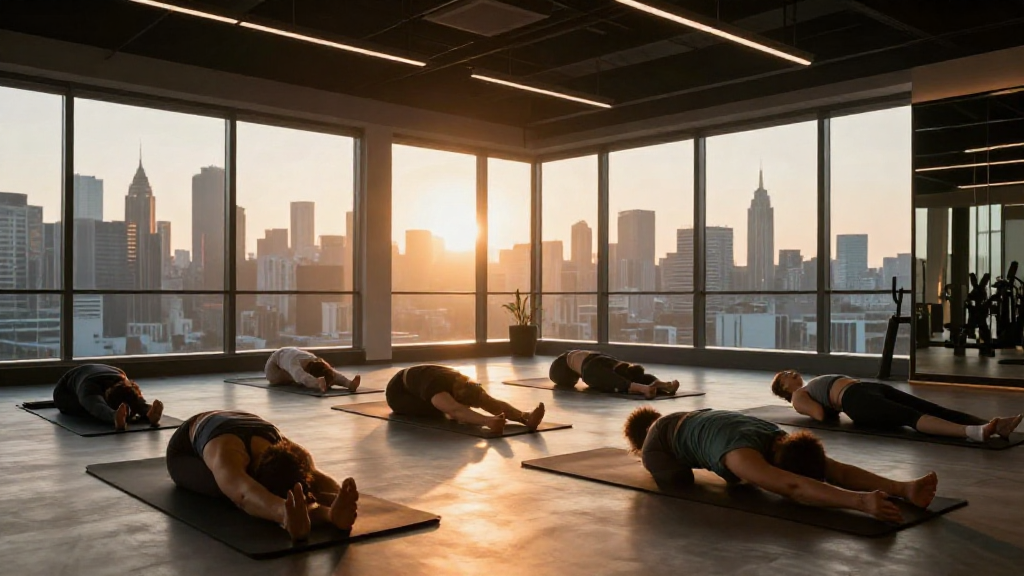 Modern fitness studio with sunrise light and diverse members stretching