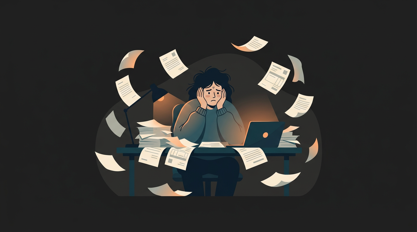 서류에 파묻혀 지친 프리랜서