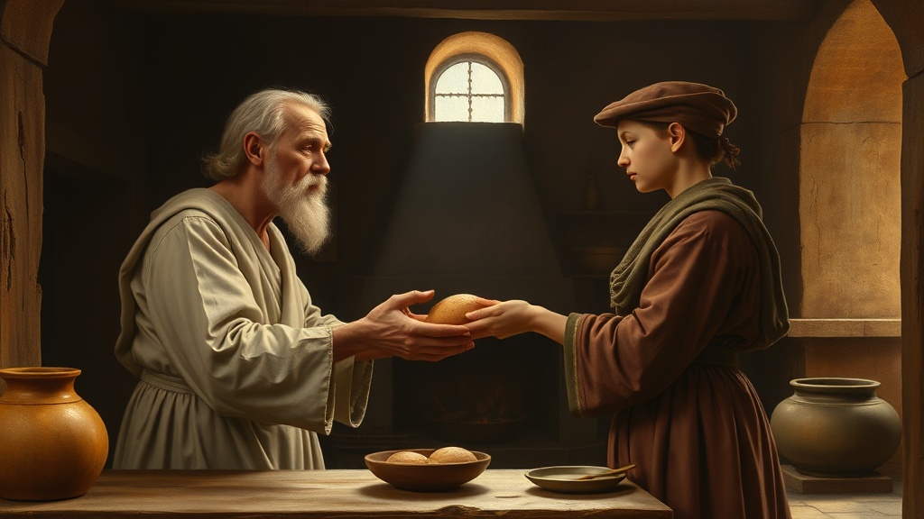 Allegorical interior of an old family shop, hands passing a ladle