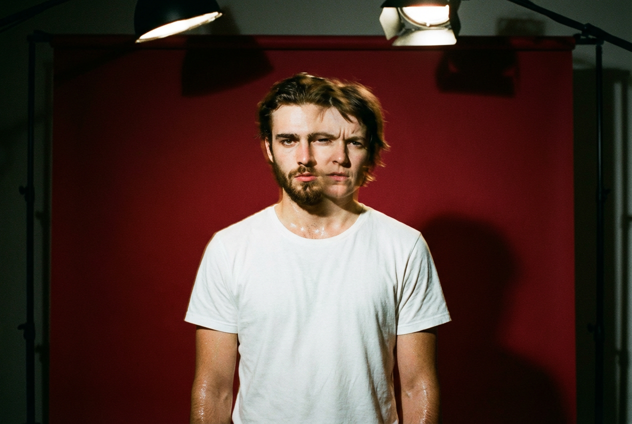 AI deepfake hip-hop music video with a rapper standing against a solid red backdrop, face mid-transition morphing between two different people, dramatic lighting casting sharp shadows, close-up framing emphasizing the surreal transformation