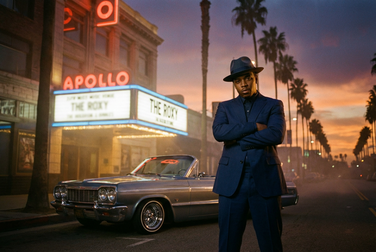 AI-generated West Coast hip-hop music video scene with a rapper in a tailored blue suit standing in front of a glowing neon marquee sign at night, vintage lowrider car parked on the street, palm trees silhouetted against a golden sunset, cinematic quality with a slight dreamlike haze